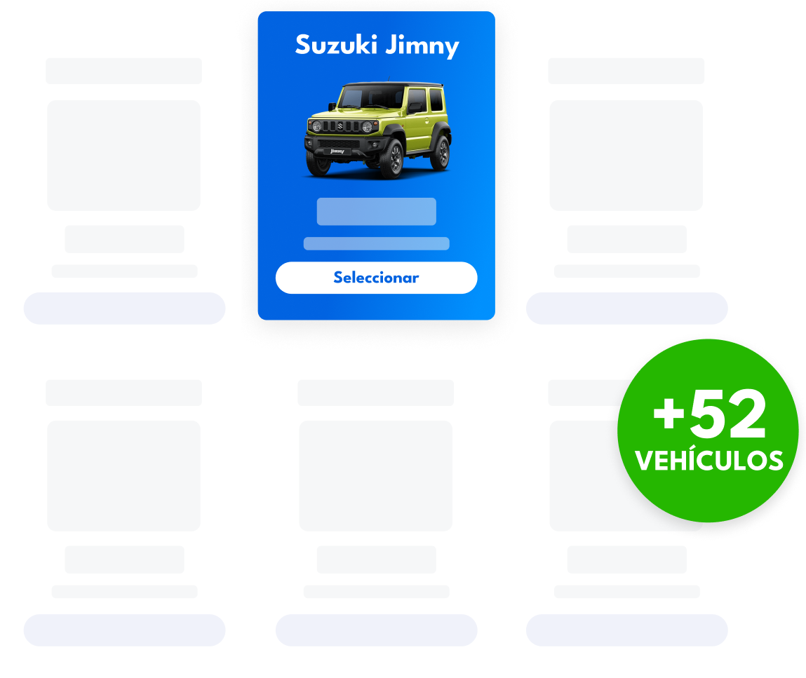 Explora 4x4, SUV y más – Más de 52 vehículos disponibles para tu aventura en Islandia Suzuki Jimny destacado entre una flota de coches de alquiler, con una insignia verde que muestra que hay 52 vehículos más disponibles para reservar.